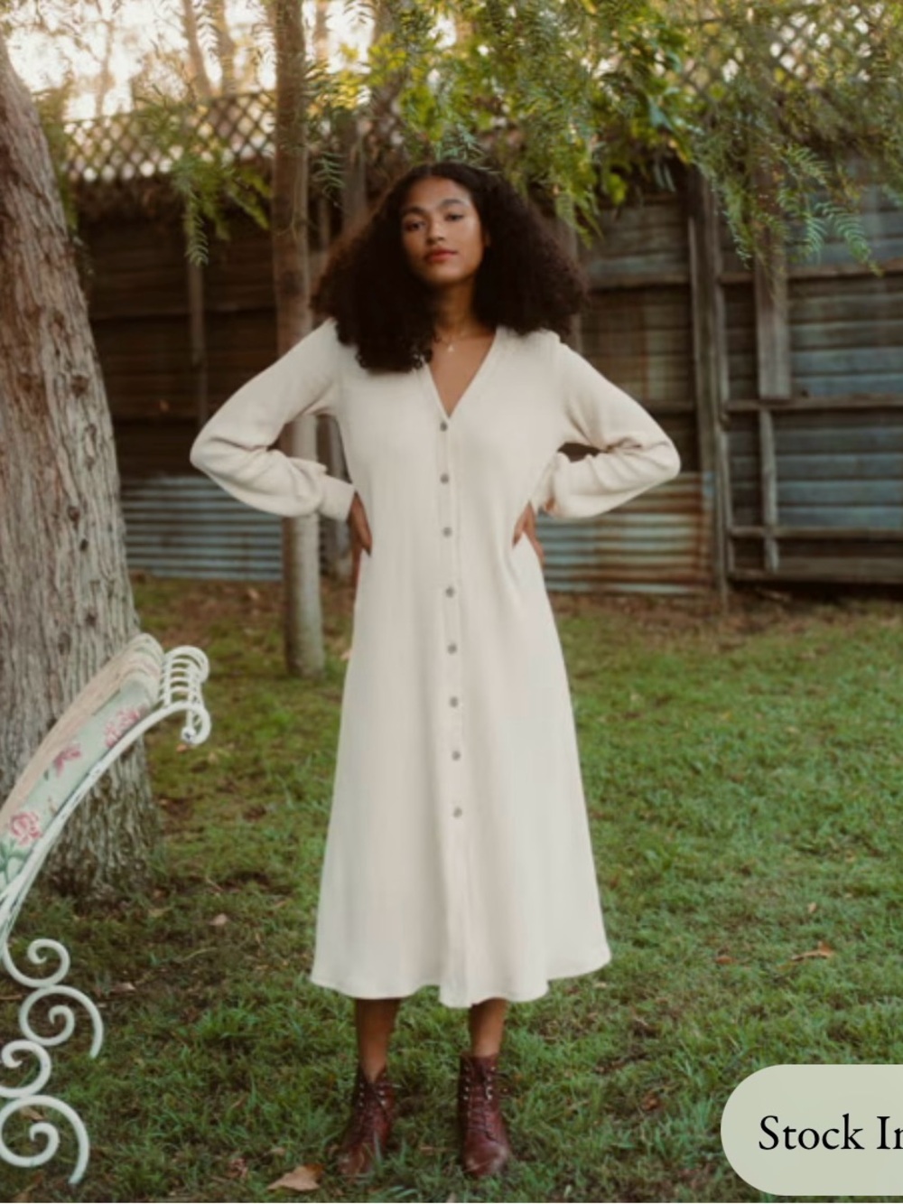 Christy Dawn The Oakley Dress | Creme Ivory Rib Knit Button Front Midi Dress XS
